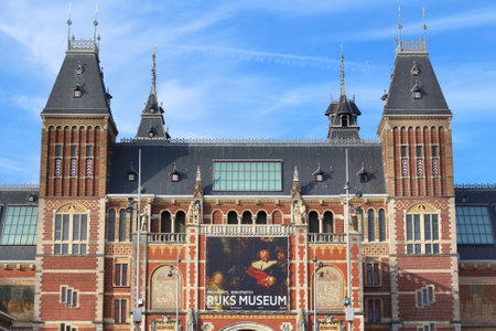 AMSTERDAM, NETHERLANDS - JULY 9, 2017: Exterior view of Rijksmuseum in Amsterdam. The museum has estimated 2.5 million annual visitors.のeditorial素材
