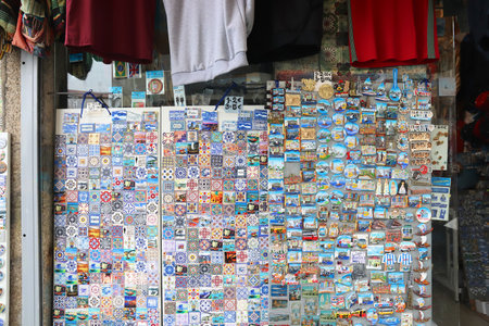 PORTO, PORTUGAL - MAY 24, 2018: Souvenir magnets at a gift shop in Porto, Portugal. Porto is the 2nd largest city in Portugal. Its old town is a UNESCO World Heritage Site.のeditorial素材