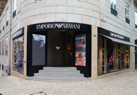 LISBON, PORTUGAL - JUNE 6, 2018: Emporio Armani fashion shop at Avenida da Liberdade in Lisbon. This famous boulevard is renowned for luxury brand shopping and prime real estate.のeditorial素材