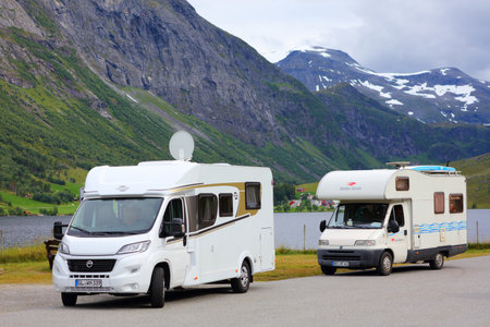 Photo for GEIRANGER, NORWAY - JULY 28, 2020: Camper vacation near Geiranger, Norway. Norway had 8.8 million foreign visitors in 2015. - Royalty Free Image