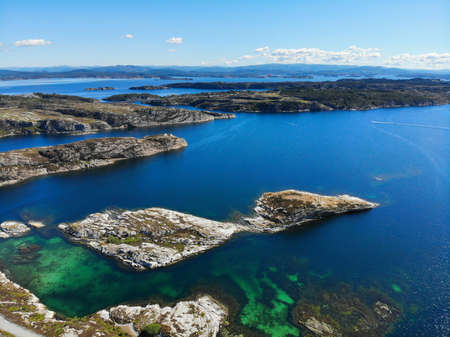 Norway islands drone view. Vestland county island landscape with Misje and Sotra islands in Oygarden...
