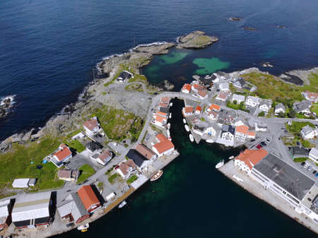 Norway Karmoy island drone view. Akrehamn harbor town aerial view.