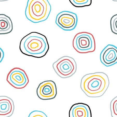 Fashion print seamless pattern. Vector design with colorful hand-drawn sketchy circles. Blue, yellow and red.のイラスト素材