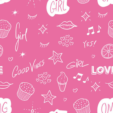 Girl power seamless vector. Feminine doodle texture pattern.のイラスト素材