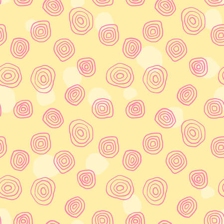 Textile print seamless pattern. Vector design with colorful hand drawn sketchy circles. Pink on yellow color.のイラスト素材