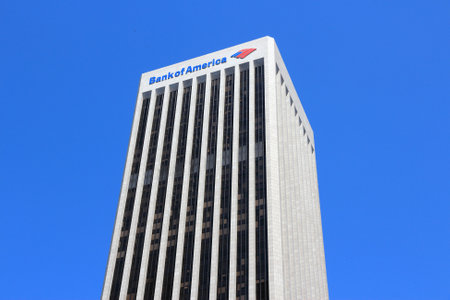 LOS ANGELES, USA - APRIL 5, 2014: Bank of America Plaza skyscraper in Los Angeles. The building is...
