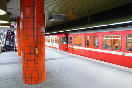 NUREMBERG, GERMANY - MAY 6, 2018: People ride subway train by VAG in Nuremberg, Germany. Nuremberg is located in Middle Franconia. 511,628 people live here.のeditorial素材