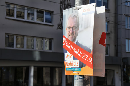 MUELHEIM AD RUHR, GERMANY - SEPTEMBER 21, 2020: Election posters of CDU candidate before runoff vote for local elections in North Rhine-Westphalia region of Germany (Nordrhein-Westfalen).のeditorial素材