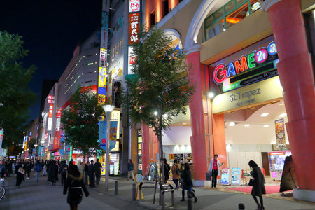 TOKYO, JAPAN - NOVEMBER 29, 2016: People shop atTokyo city Ikebukuro district at night. Tokyo is the capital city of Japan. 37.8 million people live in its metro area.のeditorial素材