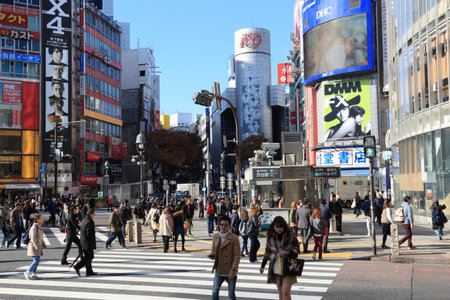 TOKYO, JAPAN - DECEMBER 3, 2016: People visit Hachiko Crossing in Shibuya Ward of Tokyo.Tokyo is the capital city of Japan. 37.8 million people live in its metro area.のeditorial素材