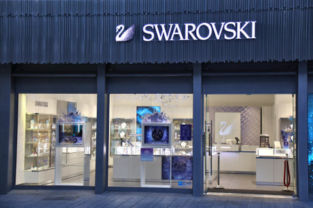 COLOGNE, GERMANY - SEPTEMBER 21, 2020: Swarovski jewelry store in Hohe Strasse (High Street) of Cologne, Germany. Hohe Strasse is one of busiest shopping destinations in Germany.のeditorial素材