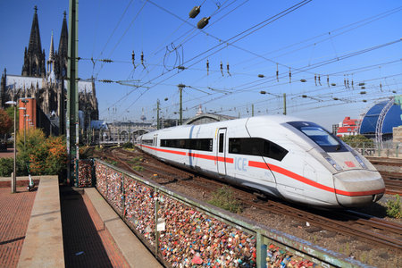COLOGNE, GERMANY - SEPTEMBER 22, 2020: Intercity train of Deutsche Bahn (German Railways) departing...