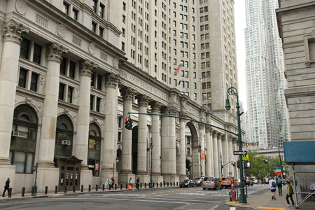 NEW YORK, USA - JULY 2, 2013: People visit Lower Manhattan in New York. 20 million people live in New York City metropolitan area.のeditorial素材
