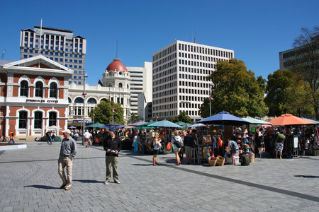 CHRISTCHURCH, NEW ZEALAND - FEBRUARY 17, 2008: People visit Cathedral Square in Christchurch, New Zealand. Christchurch is the largest city on South Island with 389,700 residents.のeditorial素材