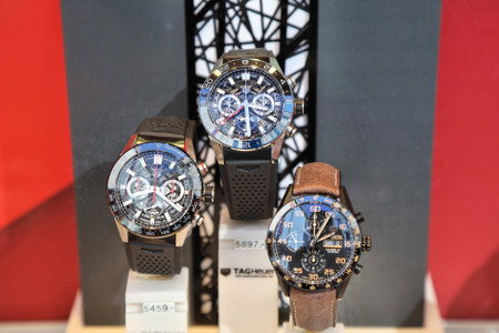 DORTMUND, GERMANY - SEPTEMBER 16, 2020: Tag Heuer watches displayed in a shop window in Dortmund, Germany. Tag Heuer is a Swiss watch manufacturer belonging to LVMH Group.のeditorial素材