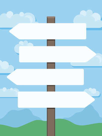 Blank empty direction signs with landscape in background. Vector illustration.のイラスト素材