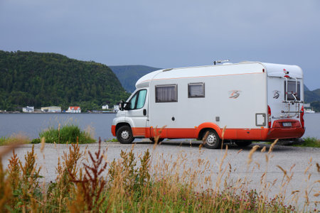 ALESUND, NORWAY - JULY 28, 2020: Camper vacation near Alesund, Norway. Norway had 8.8 million foreign visitors in 2015.のeditorial素材