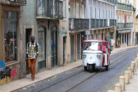 LISBON, PORTUGAL - JUNE 5, 2018: People visit Mouraria district (Moorish Quarter) in Lisbon, Portugal. Lisbon is the 11th-most populous urban area in the EU (2.8 million people).のeditorial素材