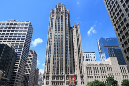 CHICAGO, USA - JUNE 27, 2013: Tribune Tower neo-gothic skyscraper in Chicago. It is 462 ft (141 m) tall and is part of Michigan-Wacker Historic District.のeditorial素材