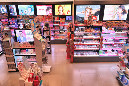 KENTING, TAIWAN - NOVEMBER 28, 2018: Nail care and beauty products displayed at a generic cosmetics store in Keelung, Taiwan.のeditorial素材