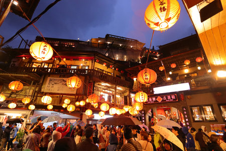 JIUFEN, TAIWAN - NOVEMBER 23, 2018: People visit heritage Old Town of Jiufen located in Ruifang District of New Taipei City. Jiufen is also known as Jioufen or Chiufen.のeditorial素材