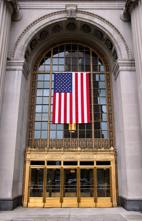 CLEVELAND, USA - JUNE 29, 2013: American flag at the entrance to Tower City Center in downtown Cleveland. Cleveland is the 2nd largest urban area in Ohio with over 2 million people.のeditorial素材