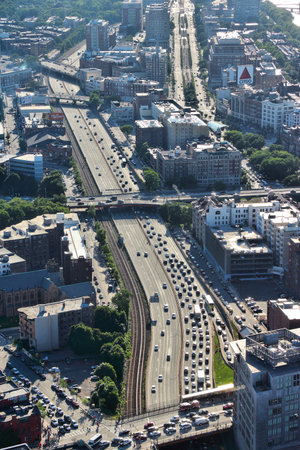 BOSTON, USA - JUNE 9, 2013: Aerial view of traffic on Massachusetts Turnpike freeway in Boston....