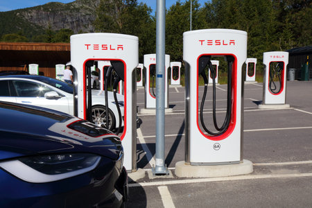 HOVDEN, NORWAY - JULY 31, 2020: Tesla Motors electric cars parked at chargers of a Tesla charging station in mountain town of Hovden, Norway.のeditorial素材