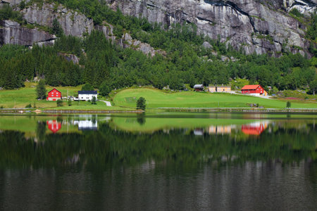 Lakeside village in Setesdal, Norway. Beautiful landscape in Agder region.の写真素材