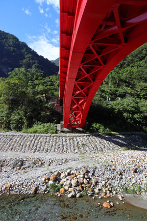 Taroko National Park in Taiwan. Red bridge over Shakadang trail.の写真素材