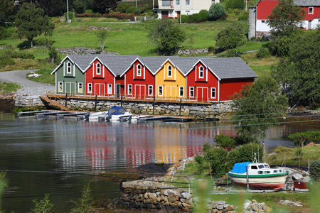 Leinoya island in municipality of Heroy, Norway. Norwegian village architecture.のeditorial素材