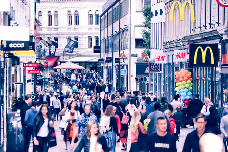 GOTHENBURG, SWEDEN - AUGUST 26, 2018: People shop at Kungsgatan street in Gothenburg, Sweden. Gothenburg is the 2nd largest city in Sweden with 1 million inhabitants in the metropolitan area.のeditorial素材