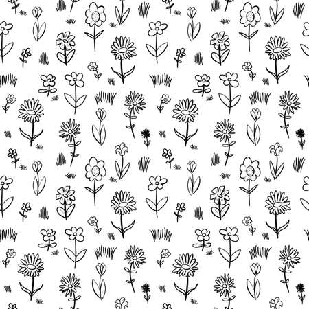 Black and white flower texture. Flower fabric design. Hand drawn flower doodle seamless pattern.のイラスト素材