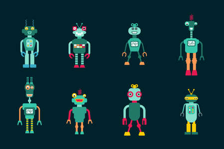 Toy robots isolated vector collection. Retro style cute robot character illustration set. 1980s style.のイラスト素材