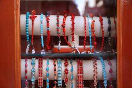 Coral jewellery in Croatia. Jewelry store window display in Korcula.の写真素材