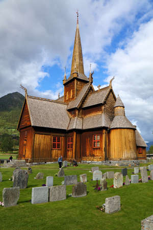 Norway landmark - Lom stave church (stavkirke). Wooden medieval landmark of Gudbrandsdal valley.の写真素材