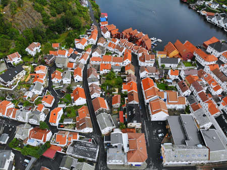 Norway drone view. Flekkefjord harbor town in Vest-Agder county. Dannevika bay.の写真素材