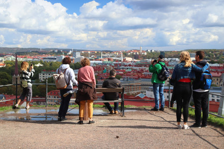 GOTHENBURG, SWEDEN - AUGUST 26, 2018: Tourists visit city viewpoint in Gothenburg, Sweden. Gothenburg is the 2nd largest city in Sweden with 1 million inhabitants in the metropolitan area.のeditorial素材