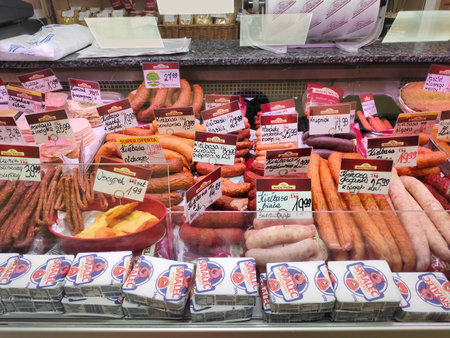 BYTOM, POLAND - JANUARY 19, 2021: Typical local smoked meat deli products, sausages and hot dogs in Bytom, Poland.のeditorial素材