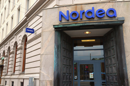 GOTHENBURG, SWEDEN - AUGUST 27, 2018: Nordea Bank branch in Gothenburg, Sweden. Nordea became one of biggest banks in Scandinavia after a merger of multiple banks.のeditorial素材