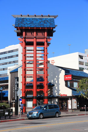 LOS ANGELES, USA - APRIL 5, 2014: Japanese Watchtower, tourist attraction of Little Tokyo district in Los Angeles, California.のeditorial素材