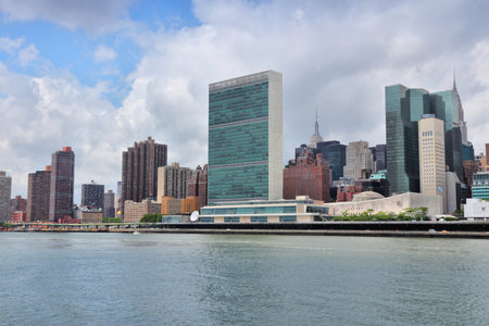 NEW YORK, USA - JULY 3, 2013: Manhattan Midtown East skyline of New York. Cityscape viewed from Roosevelt Island.のeditorial素材