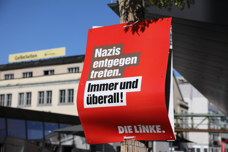WUPPERTAL, GERMANY - SEPTEMBER 19, 2020: Election posters of Die Linke (The Left) political party before runoff vote for local elections in North Rhine-Westphalia region of Germany (Nordrhein-Westfalen).のeditorial素材