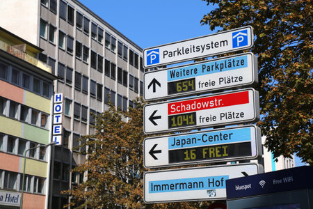 DUSSELDORF, GERMANY - SEPTEMBER 19, 2020: City parking spaces information of Dusseldorf, Germany. Dusseldorf is the 7th largest city in Germany by population.のeditorial素材