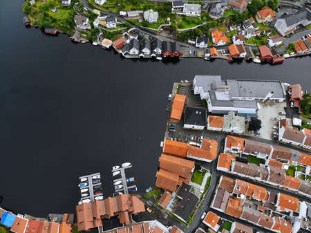 Norway drone view. Flekkefjord harbor town in Vest-Agder county. Dannevika bay.の写真素材