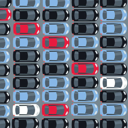 New cars parked in neat rows. Factory dealership distribution and logistics parking lot.のイラスト素材
