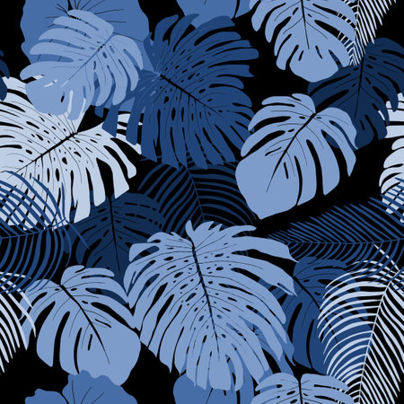 Jungle fashion print seamless pattern. Tropical monstera leaves fashion design background. Night rainforest texture.のイラスト素材
