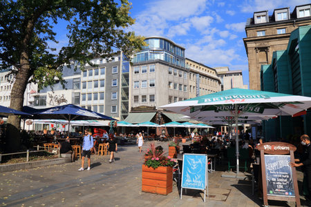 DORTMUND, GERMANY - SEPTEMBER 16, 2020: People visit Markt, main city square in Dortmund, Germany. Dortmund is the largest city in Ruhr area of Germany.のeditorial素材