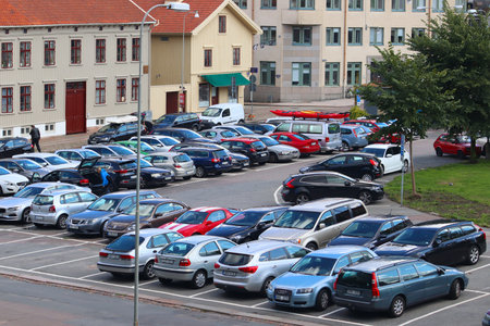 GOTHENBURG, SWEDEN - AUGUST 26, 2018: Parking lot in Gothenburg, Sweden. Gothenburg is the 2nd largest city in Sweden with 1 million inhabitants in the metropolitan area.のeditorial素材