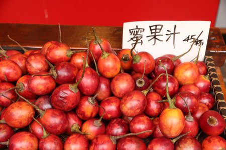 Tamarillo (tree tomato) at a market in Fenqihu, Taiwan.の写真素材